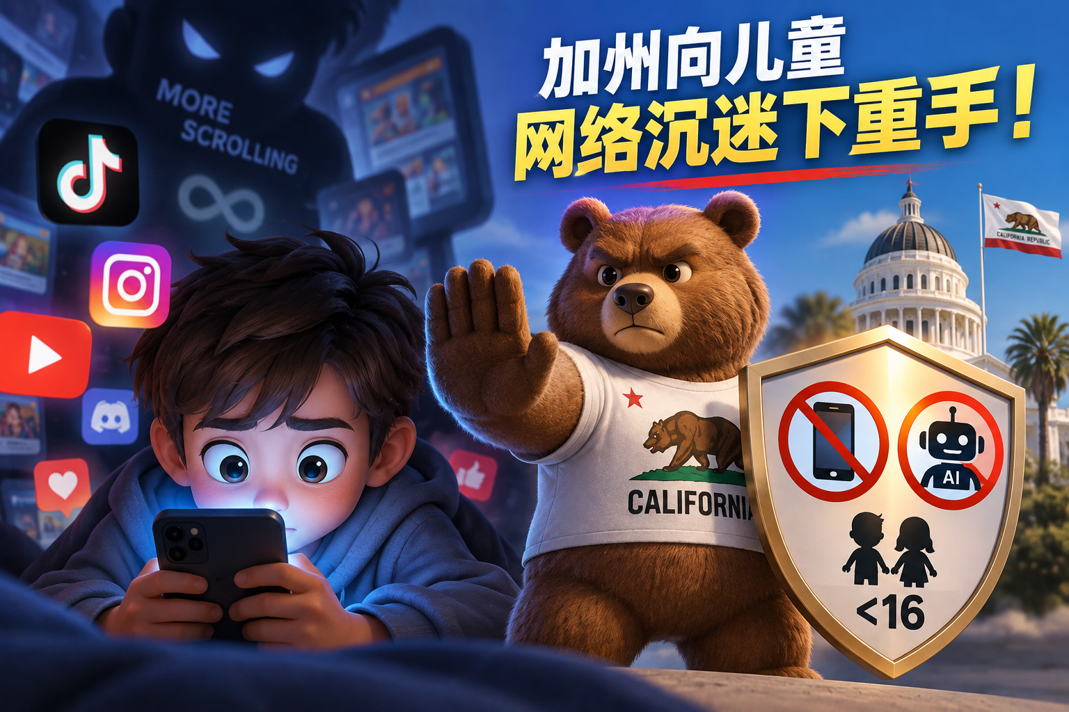 加州向儿童网络沉迷下重手！16岁以下禁用成瘾式推送，AI聊天机器人也受管
