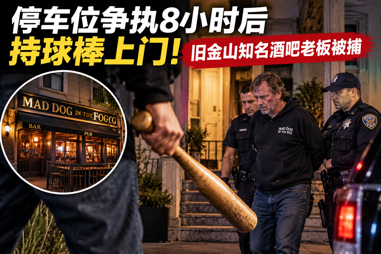 停车位争执8小时后持球棒上门！旧金山知名酒吧老板被捕
