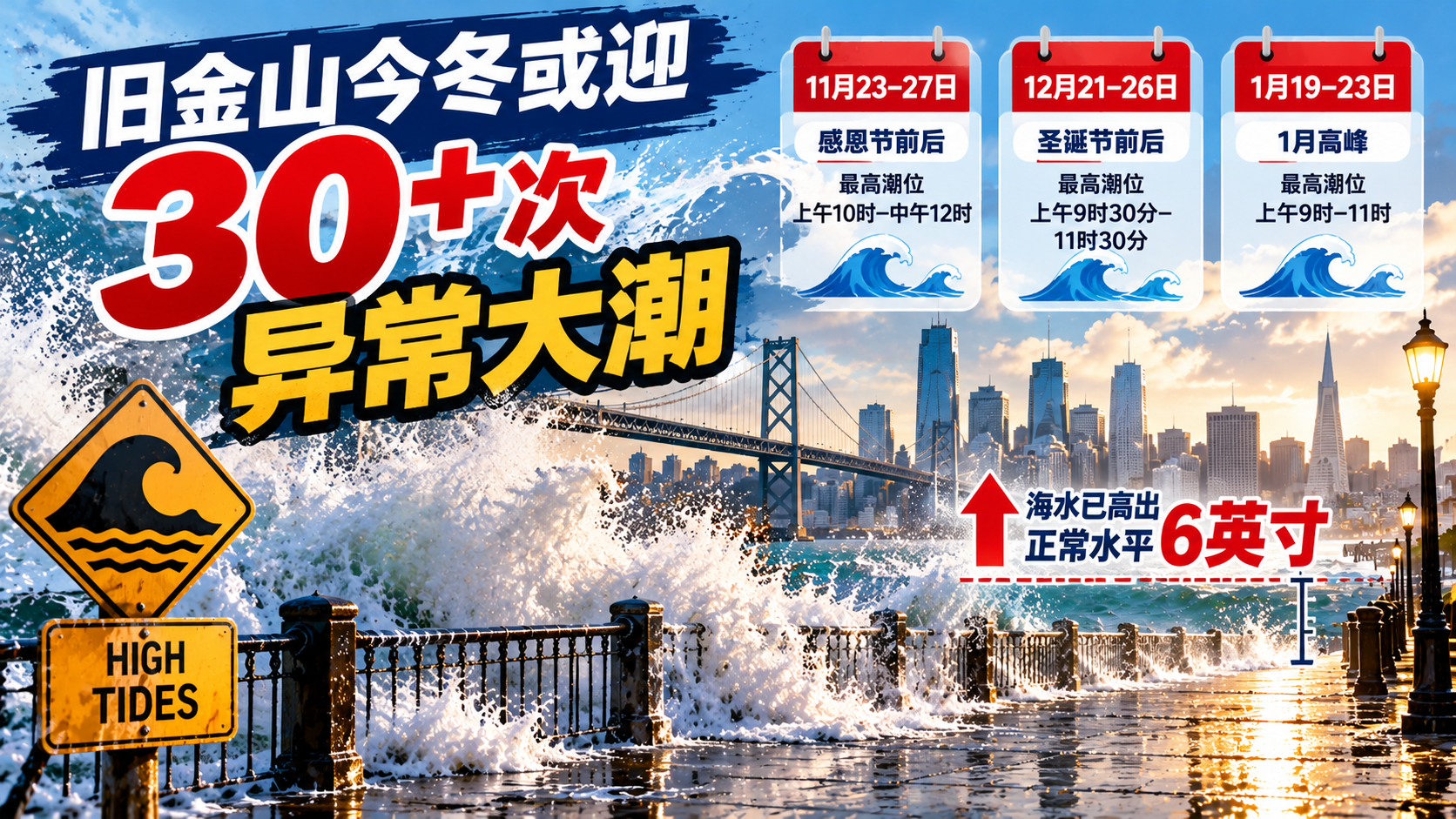 旧金山今冬或迎30多次异常大潮！海水已高6英寸，感恩节、圣诞节前后达高峰